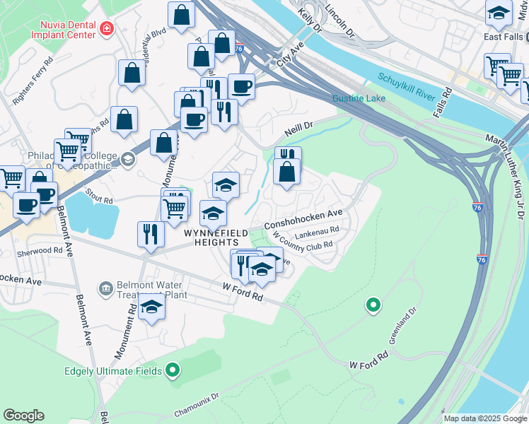 map of restaurants, bars, coffee shops, grocery stores, and more near 3939 Conshohocken Avenue in Philadelphia