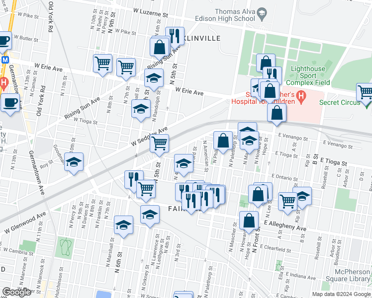 map of restaurants, bars, coffee shops, grocery stores, and more near 3434 North Orianna Street in Philadelphia