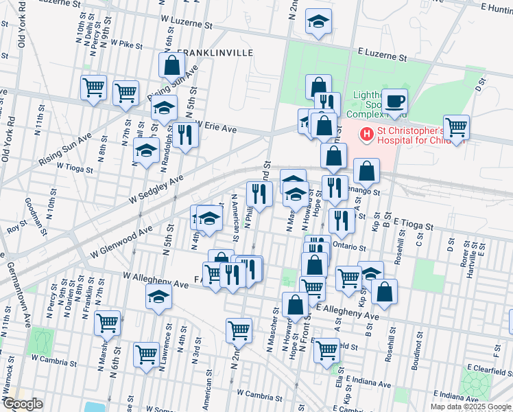 map of restaurants, bars, coffee shops, grocery stores, and more near 3448 North 2nd Street in Philadelphia