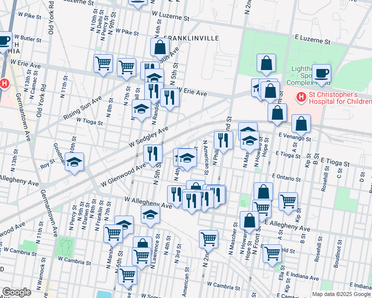 map of restaurants, bars, coffee shops, grocery stores, and more near 3434 North Orianna Street in Philadelphia
