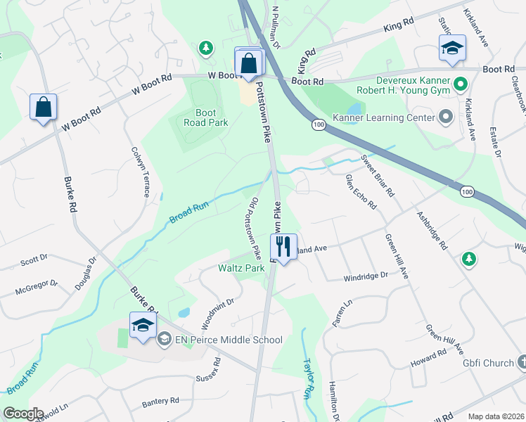 map of restaurants, bars, coffee shops, grocery stores, and more near 1354 Old Pottstown Pike in West Chester