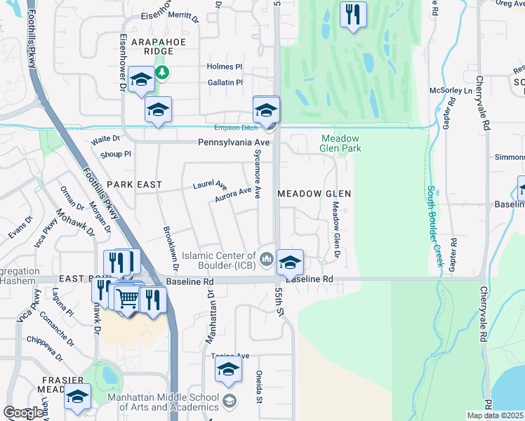 map of restaurants, bars, coffee shops, grocery stores, and more near 898 Sycamore Avenue in Boulder