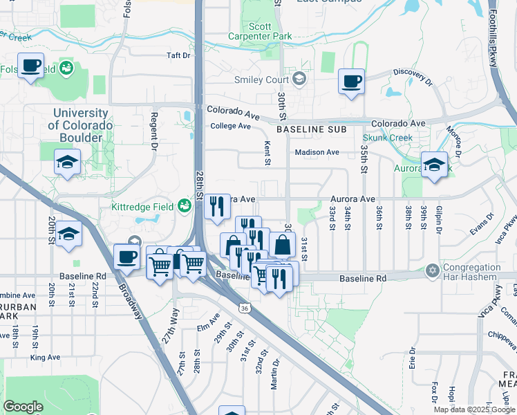 map of restaurants, bars, coffee shops, grocery stores, and more near 2900 Aurora Avenue in Boulder