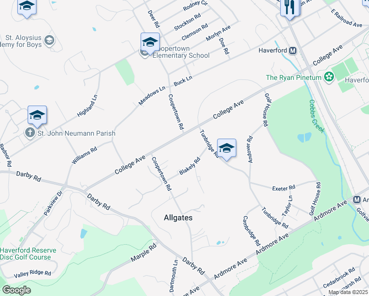 map of restaurants, bars, coffee shops, grocery stores, and more near 429 College Avenue in Haverford