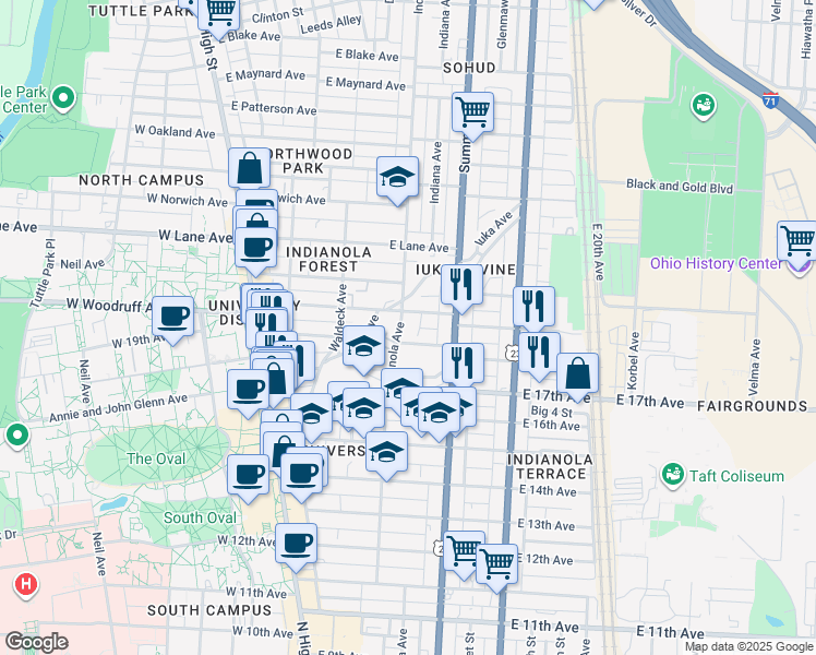map of restaurants, bars, coffee shops, grocery stores, and more near 1980 Indianola Avenue in Columbus