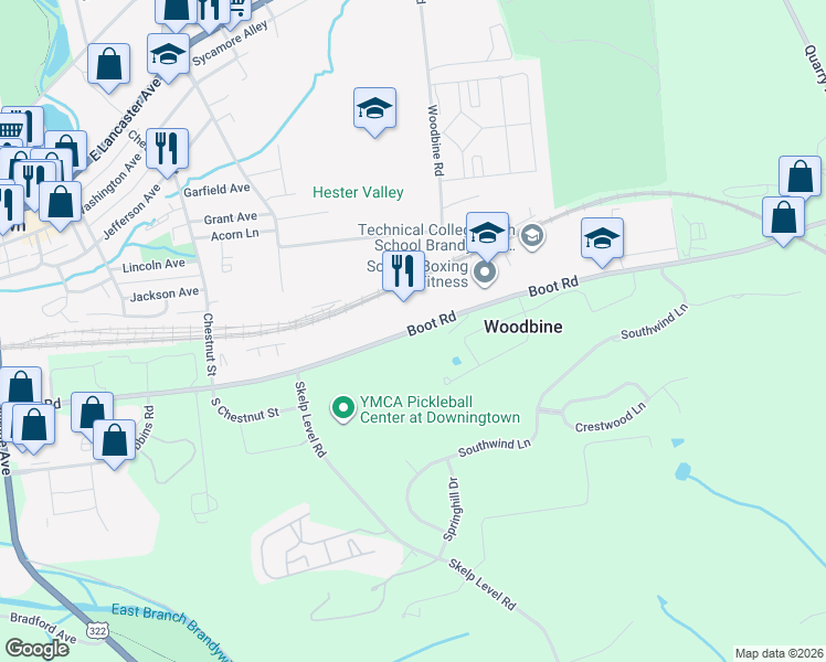 map of restaurants, bars, coffee shops, grocery stores, and more near 524 Boot Road in Downingtown