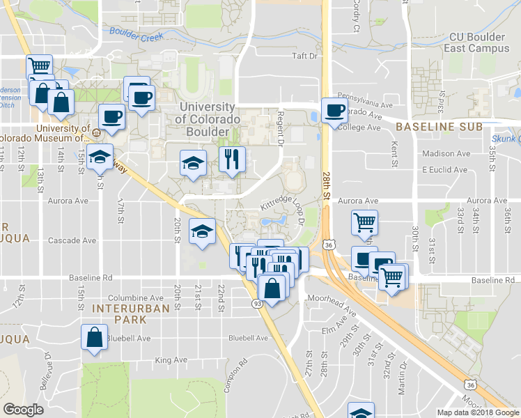 map of restaurants, bars, coffee shops, grocery stores, and more near Kittredge Loop Drive in Boulder