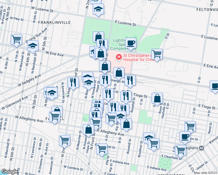 map of restaurants, bars, coffee shops, grocery stores, and more near 3514 North Water Street in Philadelphia