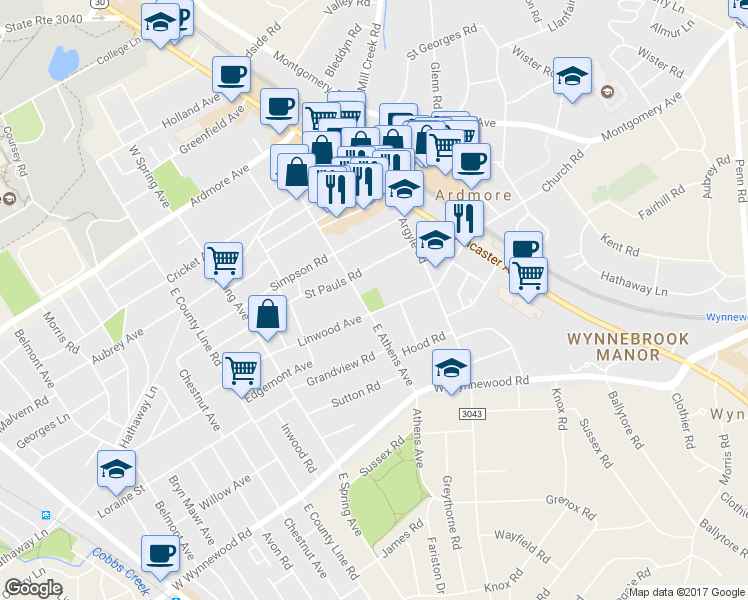 map of restaurants, bars, coffee shops, grocery stores, and more near 50 Linwood Ave in Ardmore