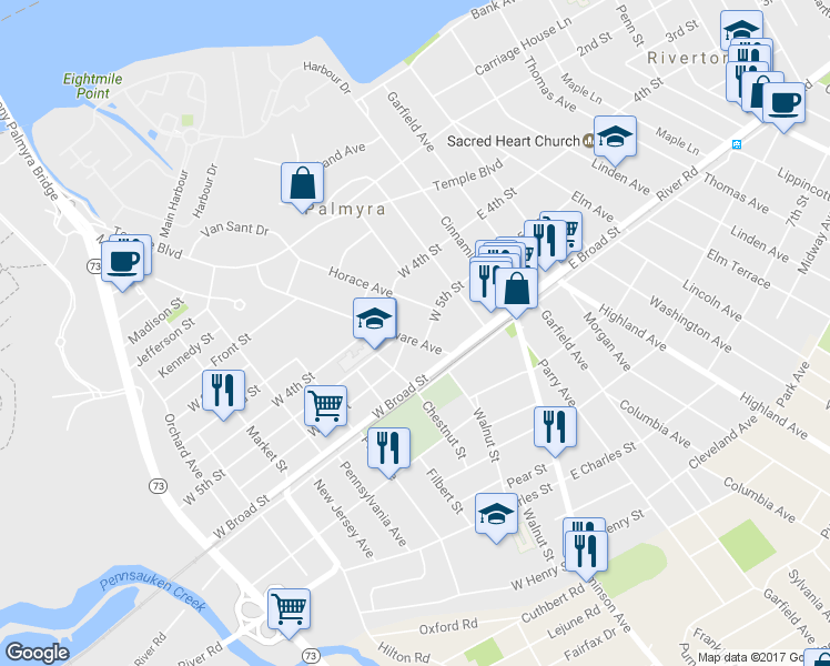 map of restaurants, bars, coffee shops, grocery stores, and more near 448 Delaware Avenue in Palmyra