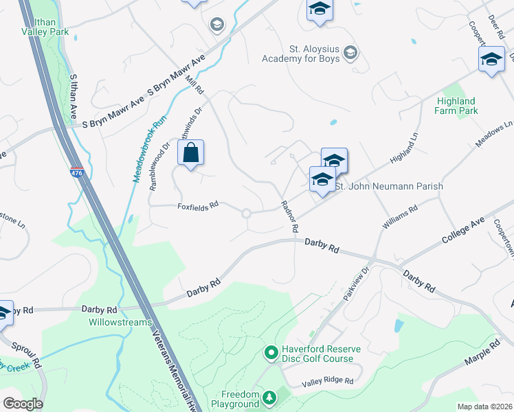 map of restaurants, bars, coffee shops, grocery stores, and more near 630 Foxfields Road in Bryn Mawr