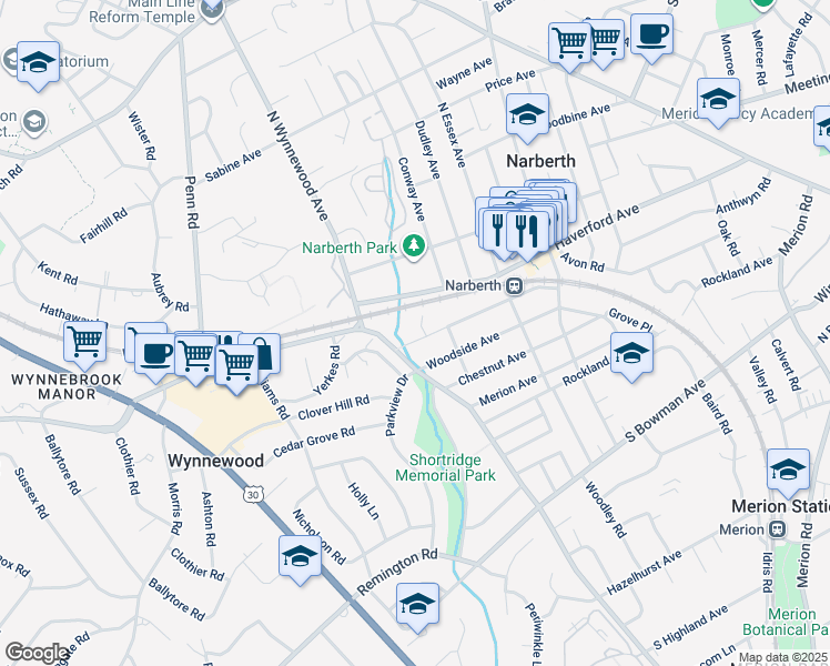 map of restaurants, bars, coffee shops, grocery stores, and more near 7 Elmwood Avenue in Narberth