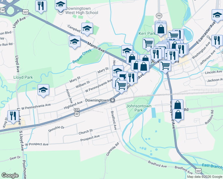 map of restaurants, bars, coffee shops, grocery stores, and more near 106 Stuart Avenue in Downingtown