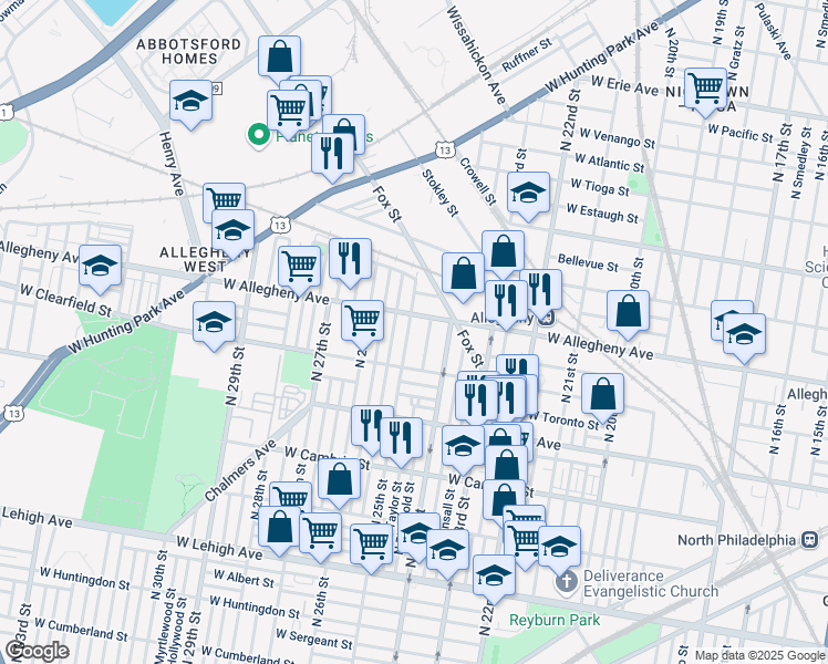 map of restaurants, bars, coffee shops, grocery stores, and more near 3152 North 25th Street in Philadelphia