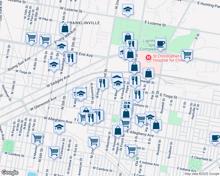map of restaurants, bars, coffee shops, grocery stores, and more near 182 West Tioga Street in Philadelphia
