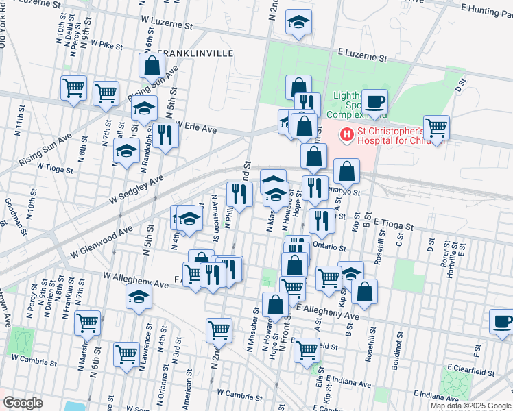 map of restaurants, bars, coffee shops, grocery stores, and more near 184 West Tioga Street in Philadelphia