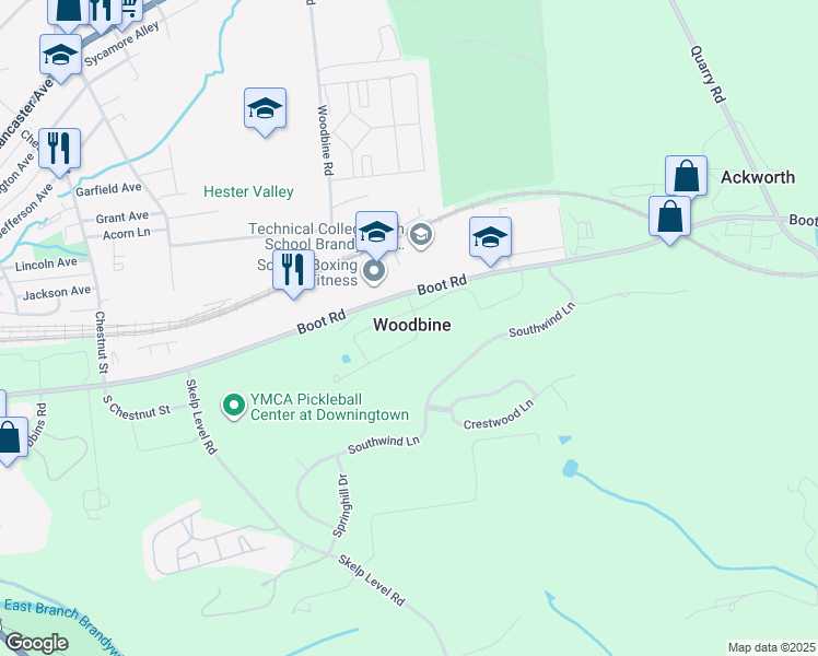 map of restaurants, bars, coffee shops, grocery stores, and more near 520 Boot Road in Downingtown