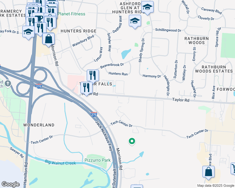 map of restaurants, bars, coffee shops, grocery stores, and more near 736 Taylor Road in Gahanna