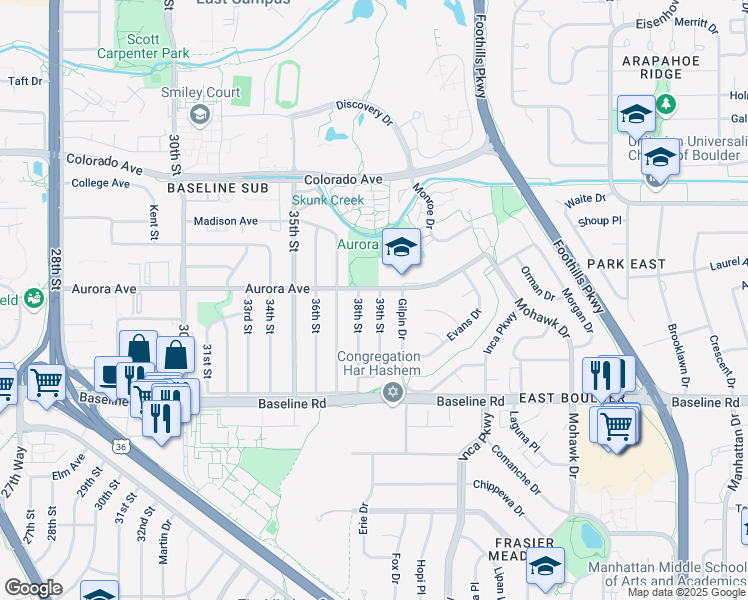 map of restaurants, bars, coffee shops, grocery stores, and more near 875 39th Street in Boulder
