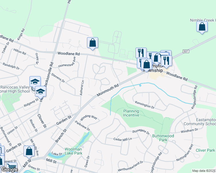 map of restaurants, bars, coffee shops, grocery stores, and more near 23 Hunter Circle in Eastampton Township