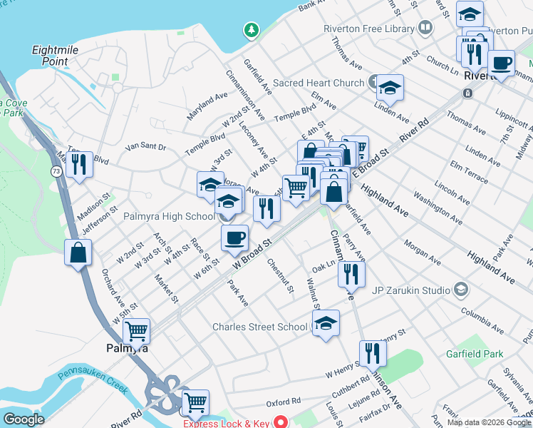 map of restaurants, bars, coffee shops, grocery stores, and more near 448 Delaware Avenue in Palmyra