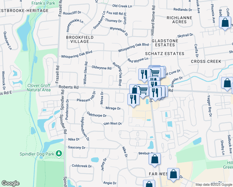 map of restaurants, bars, coffee shops, grocery stores, and more near 5571 Farmhouse Lane in Hilliard