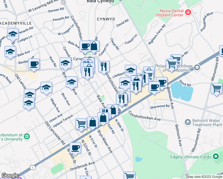 map of restaurants, bars, coffee shops, grocery stores, and more near 32 Conshohocken State Rd in Montgomery