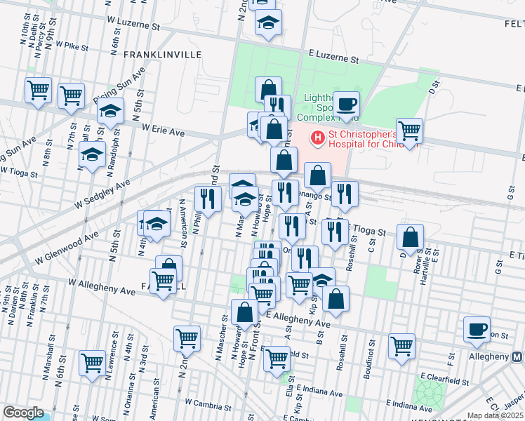 map of restaurants, bars, coffee shops, grocery stores, and more near 119 West Tioga Street in Philadelphia