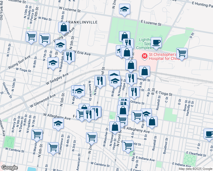map of restaurants, bars, coffee shops, grocery stores, and more near 186 West Tioga Street in Philadelphia
