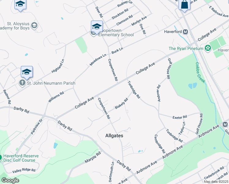 map of restaurants, bars, coffee shops, grocery stores, and more near 425 College Avenue in Haverford