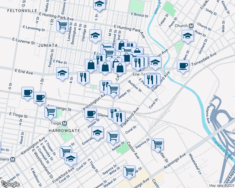 map of restaurants, bars, coffee shops, grocery stores, and more near 3725 Castor Avenue in Philadelphia