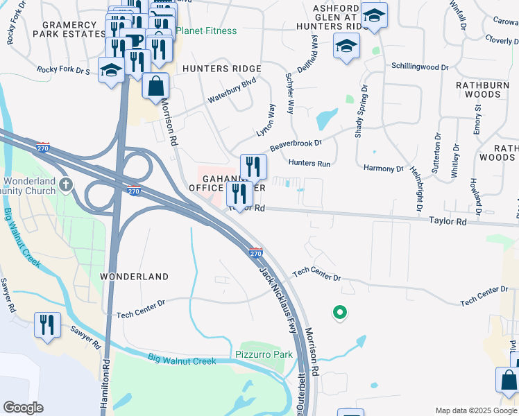 map of restaurants, bars, coffee shops, grocery stores, and more near 695 Taylor Road in Columbus