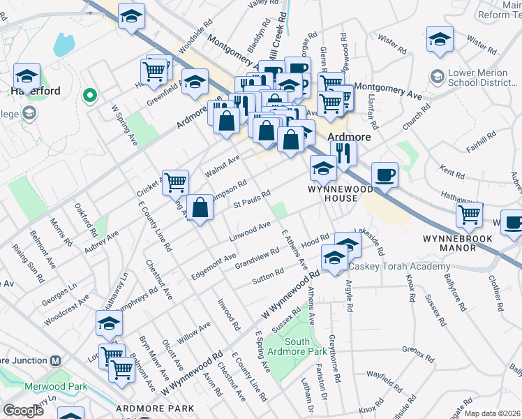 map of restaurants, bars, coffee shops, grocery stores, and more near 124 East Athens Avenue in Ardmore
