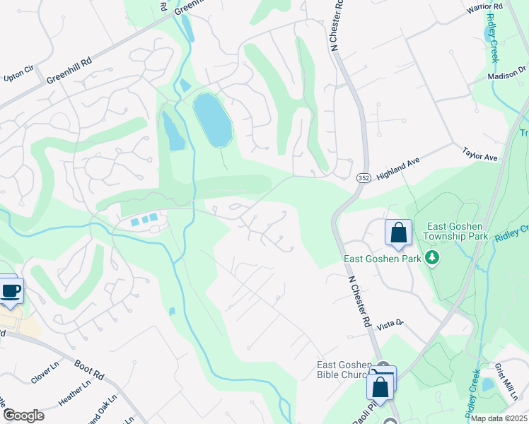 map of restaurants, bars, coffee shops, grocery stores, and more near 281 Devon Way in West Chester