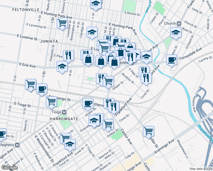 map of restaurants, bars, coffee shops, grocery stores, and more near 3741 Kensington Avenue in Philadelphia