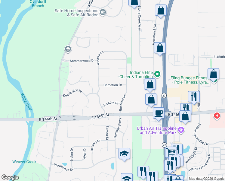 map of restaurants, bars, coffee shops, grocery stores, and more near 110 Leichester Court in Noblesville