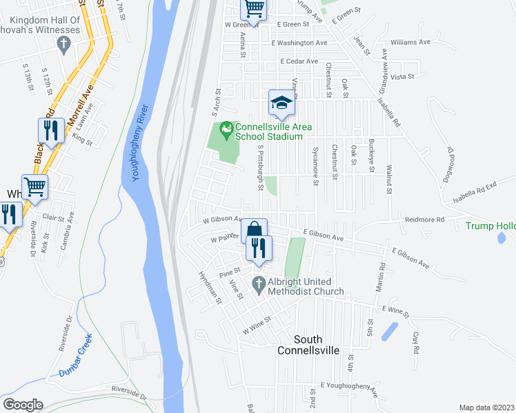 map of restaurants, bars, coffee shops, grocery stores, and more near 1326 South Pittsburgh Street in Connellsville