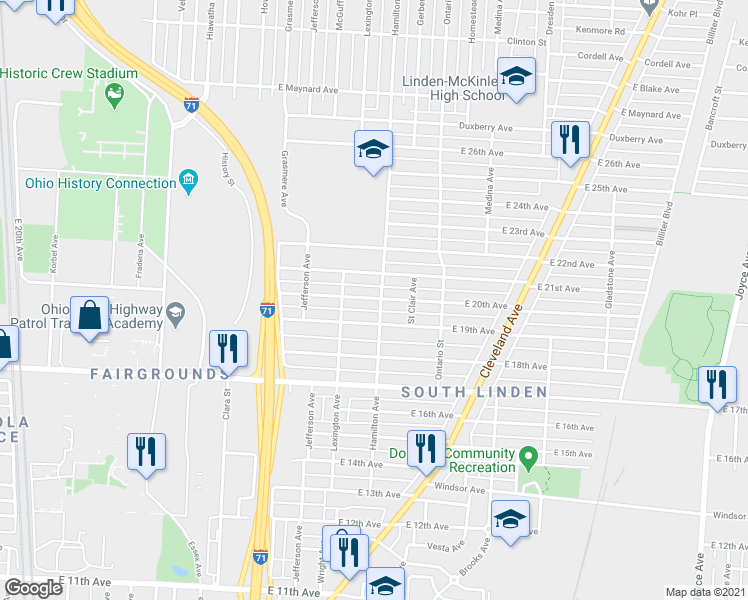 map of restaurants, bars, coffee shops, grocery stores, and more near 1047 East 20th Avenue in Columbus