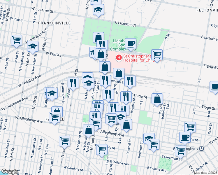 map of restaurants, bars, coffee shops, grocery stores, and more near 3516 North Water Street in Philadelphia