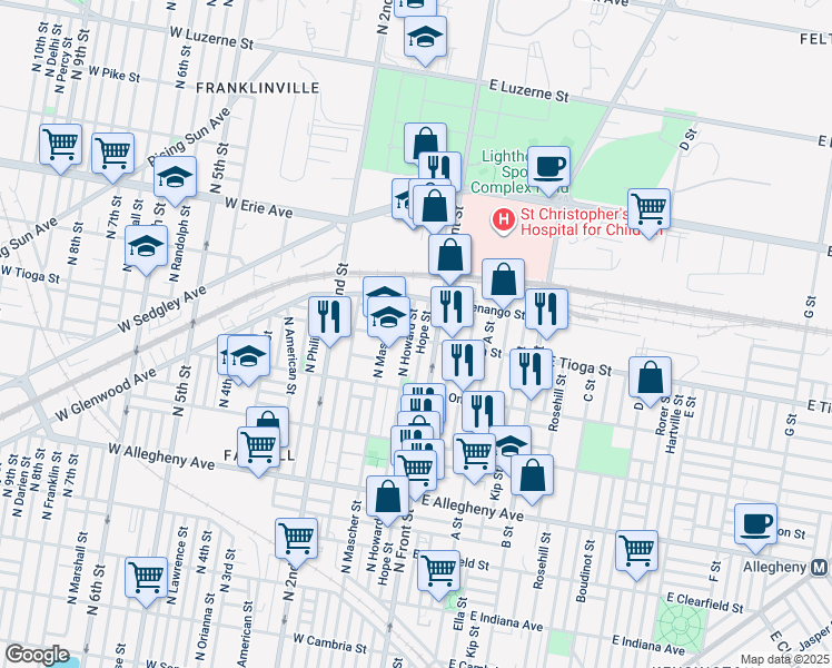 map of restaurants, bars, coffee shops, grocery stores, and more near 119 West Tioga Street in Philadelphia