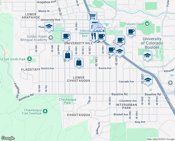 map of restaurants, bars, coffee shops, grocery stores, and more near 891 12th Street in Boulder