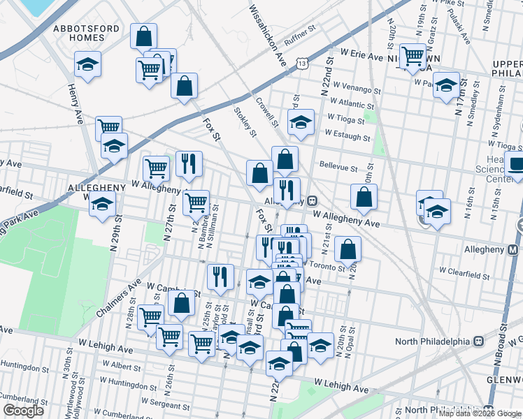 map of restaurants, bars, coffee shops, grocery stores, and more near 2315 West Allegheny Avenue in Philadelphia