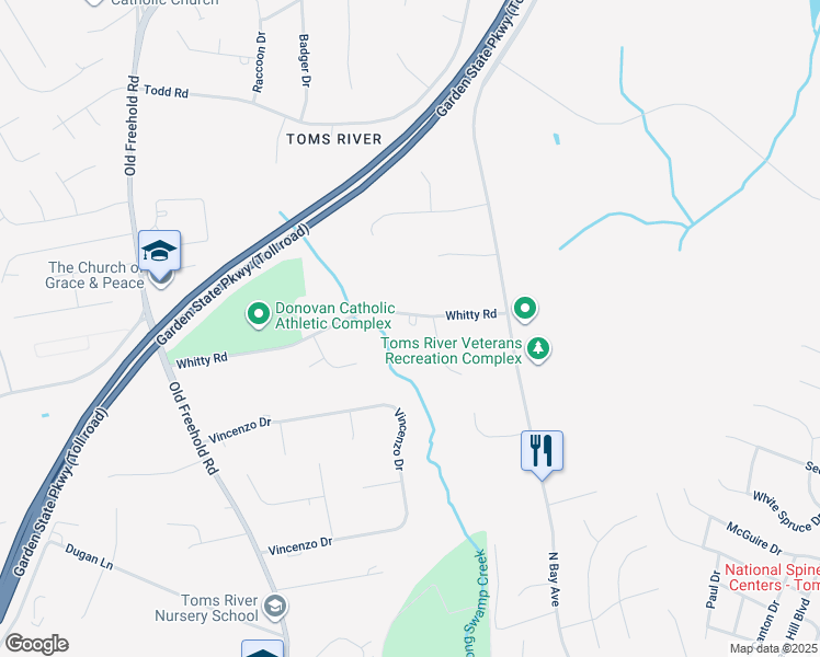 map of restaurants, bars, coffee shops, grocery stores, and more near 1525 Whitty Road in Toms River