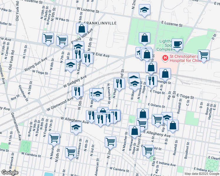 map of restaurants, bars, coffee shops, grocery stores, and more near 3449 North American Street in Philadelphia