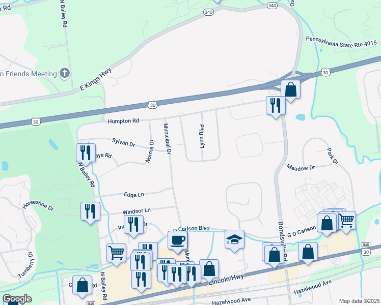 map of restaurants, bars, coffee shops, grocery stores, and more near 7 Williams Way in Downingtown
