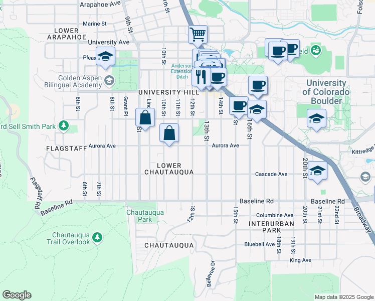 map of restaurants, bars, coffee shops, grocery stores, and more near 891 12th Street in Boulder