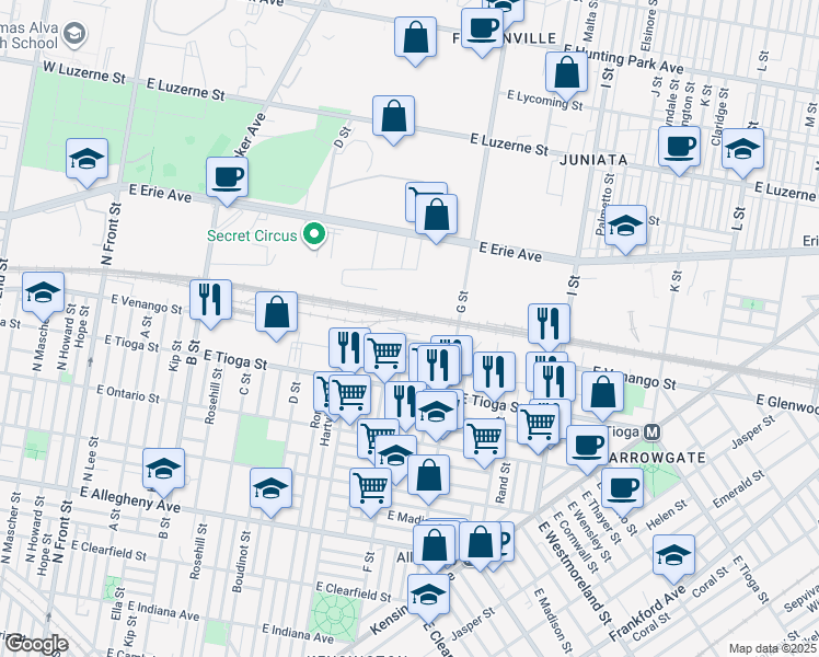 map of restaurants, bars, coffee shops, grocery stores, and more near 701 East Venango Street in Philadelphia