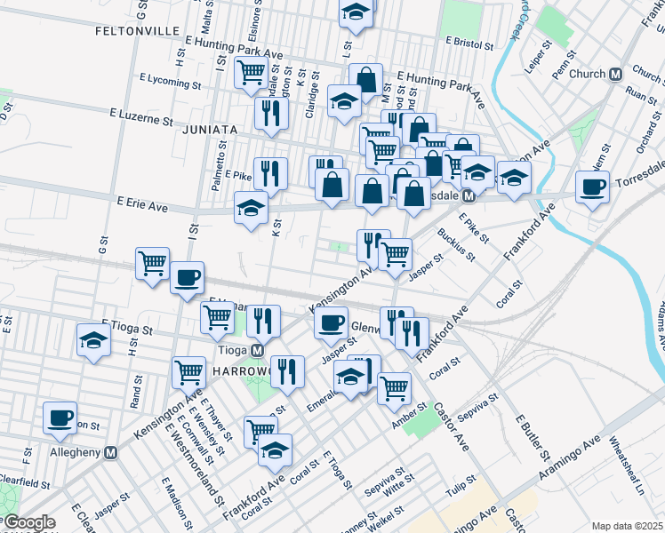 map of restaurants, bars, coffee shops, grocery stores, and more near 1328 East Airdrie Street in Philadelphia