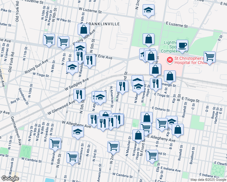 map of restaurants, bars, coffee shops, grocery stores, and more near 3449 North American Street in Philadelphia
