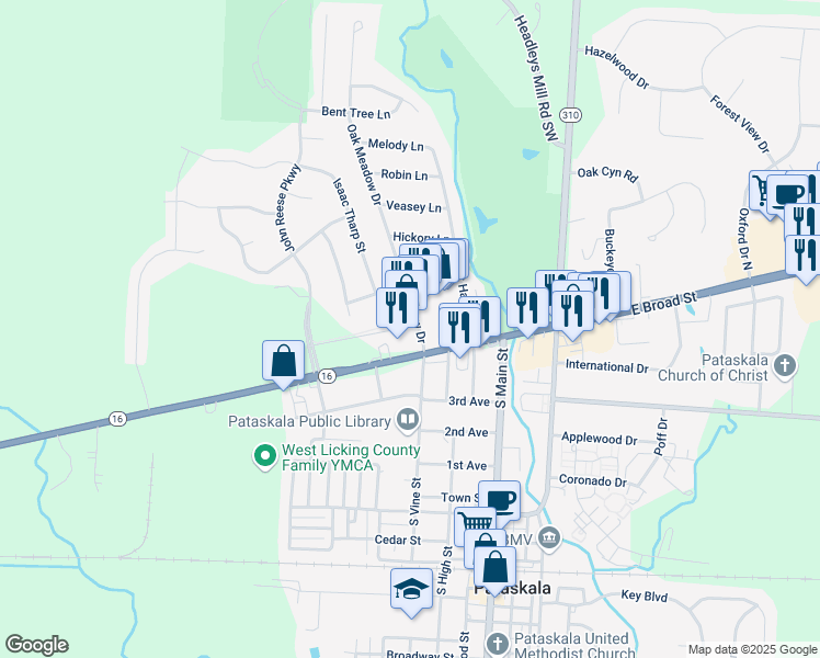 map of restaurants, bars, coffee shops, grocery stores, and more near 75 Oak Meadow Drive in Pataskala